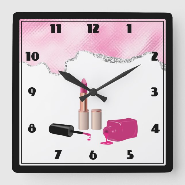 Pink Glam Lipstick & Nail Polish Beauty Themed Square Wall Clock (Front)