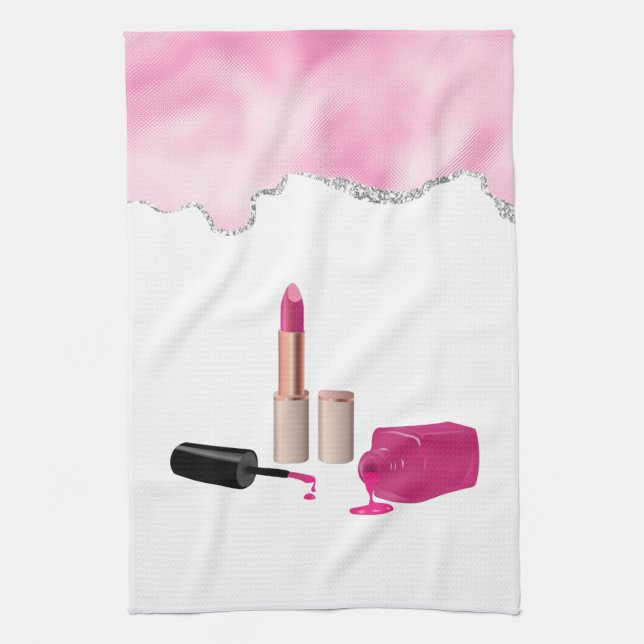 Pink Glam Lipstick & Nail Polish Beauty Themed Tea Towel (Vertical)