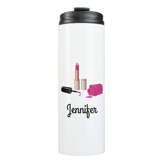 Pink Glam Lipstick & Nail Polish Beauty Themed Thermal Tumbler (Front)