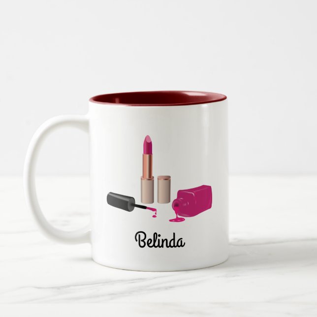 Pink Glam Lipstick & Nail Polish Beauty Themed Two-Tone Coffee Mug (Left)