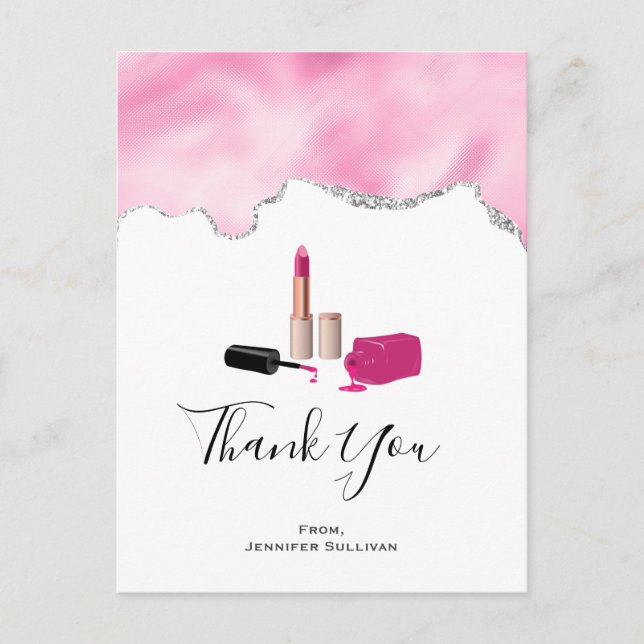 Pink Glam Lipstick & Nail Polish Thank You Postcard (Front)