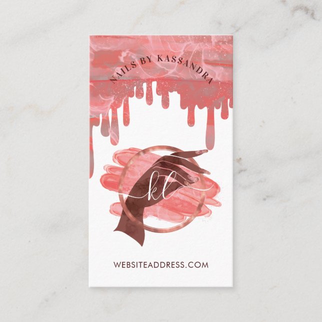 Pink Glam Nail Art Manicure Salon Script Monogram Business Card (Front)