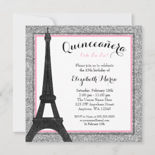 Pink Glam Paris Faux Silver Glitter Quinceanera Invitation
