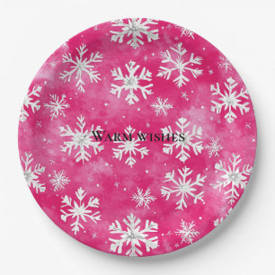 Pink Glam Snowflakes Christmas Paper Plate