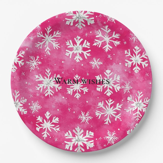 Pink Glam Snowflakes Christmas Paper Plate (Front)