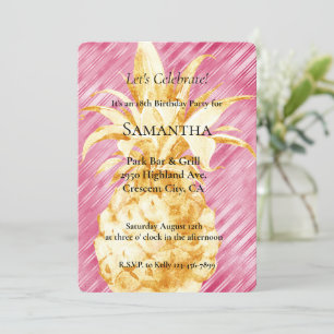 Pink Glam Stripes Gold Pineapple Birthday Invitation