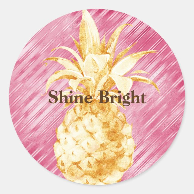 Pink Glam Stripes Gold Tropical Pineapple  Classic Round Sticker (Front)