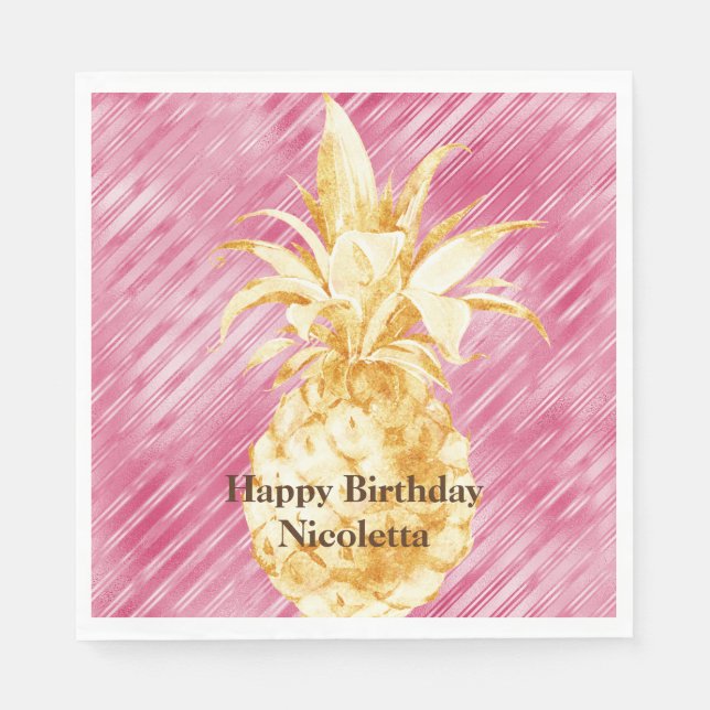 Pink Glam Stripes Gold Tropical Pineapple  Napkin (Front)