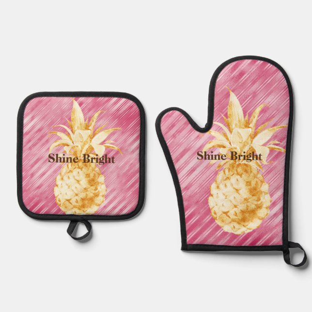 Pink Glam Stripes Gold Tropical Pineapple  Oven Mitt & Pot Holder Set (Front)