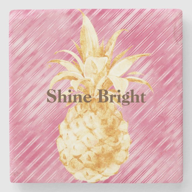 Pink Glam Stripes Gold Tropical Pineapple  Stone Coaster (Front)