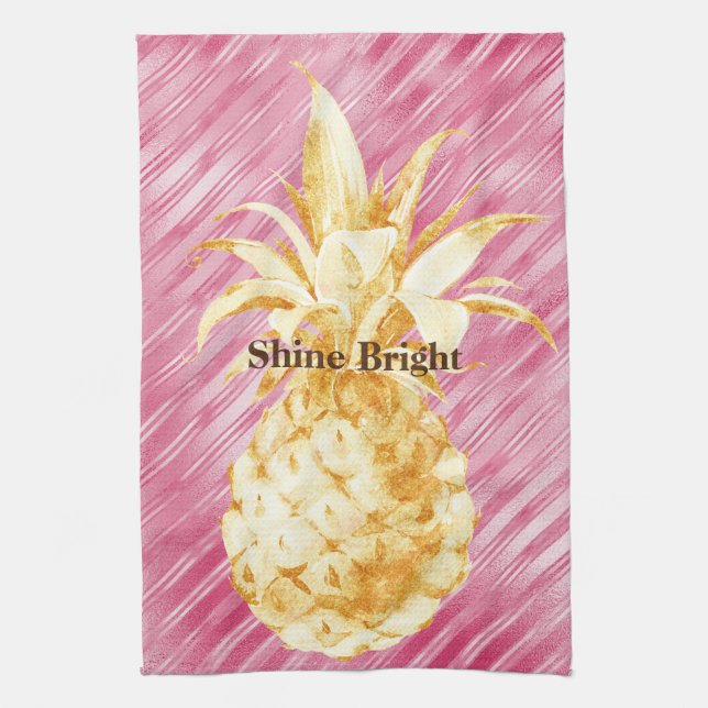 Pink Glam Stripes Gold Tropical Pineapple  Tea Towel (Vertical)