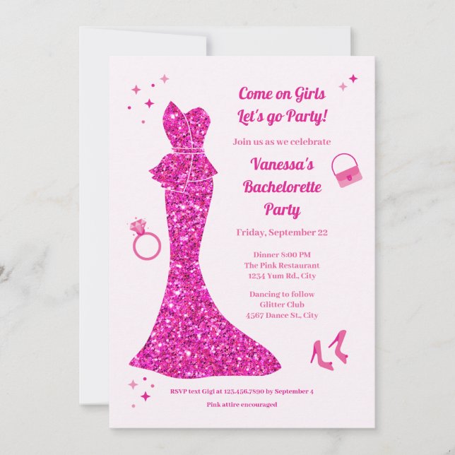 Pink Glamourous Dress Bachelorette Party Invitation (Front)