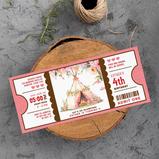 pink glamping birthday ticket invitation (Creator Uploaded)