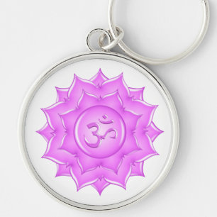 Pink Glass Lotus Flower Om Symbol Drawing Key Ring