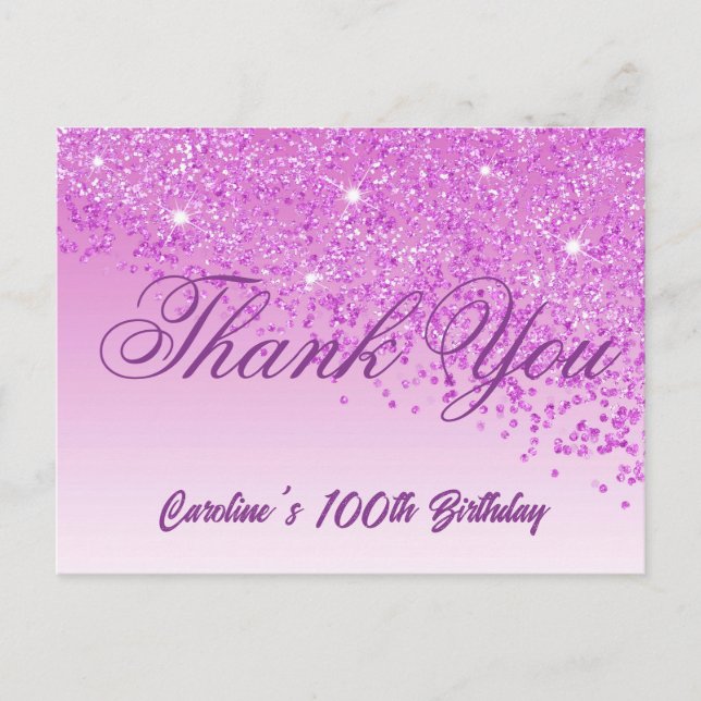 Pink Glitter, 100th Birthday Thank You Postcard (Front)