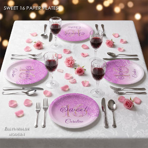 Pink Glitter, 16 Glitter, Sweet 16 Birthday Paper Plate