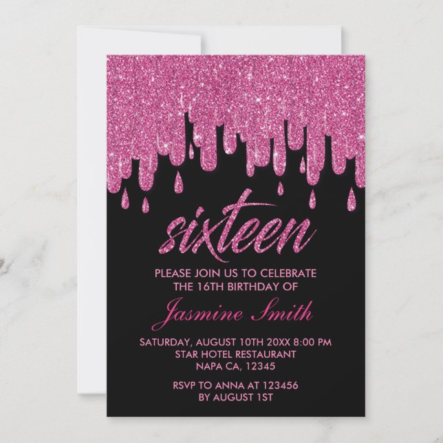 Pink Glitter 16th Birthday Party Invitation (Front)