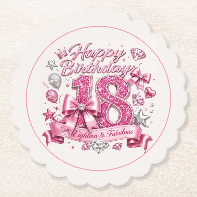 Pink Glitter 18th Birthday  Paper Coaster (Front)