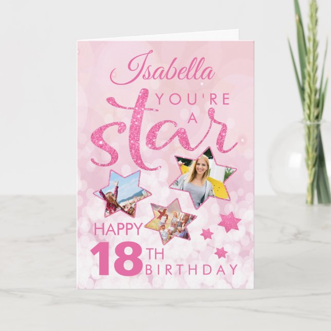 Pink Glitter 18th Birthday Star Photo Collage Card (Front)