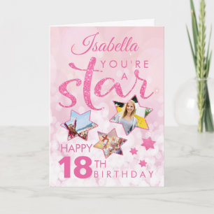 Pink Glitter 18th Birthday Star Photo Collage Card