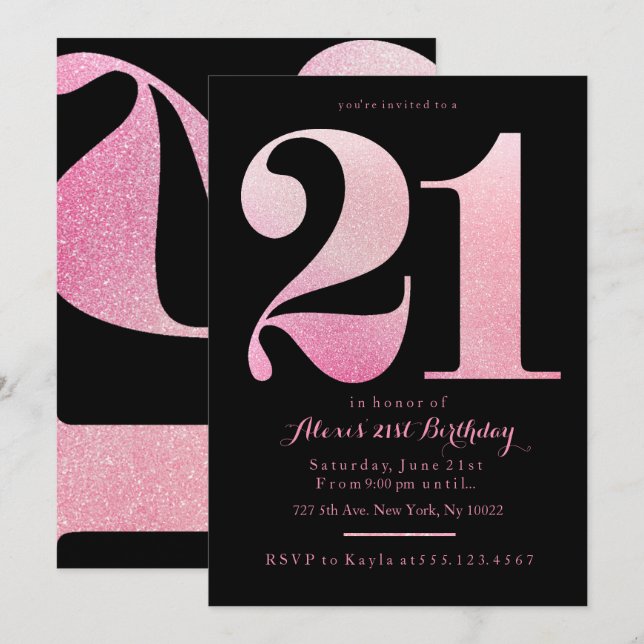 Pink Glitter 21st Birthday Invitations (Front/Back)