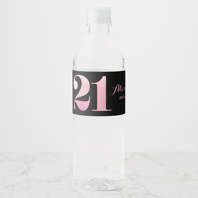 Pink Glitter 21st Birthday Party Water Bottle Label (Front)