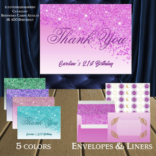 Pink Glitter, 21st Birthday Thank You Postcard