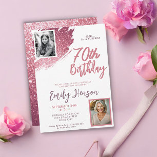 Pink Glitter 2 Photo Surprise 70th Birthday Invitation