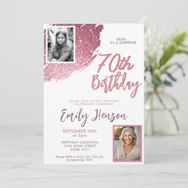 Pink Glitter 2 Photo Surprise 70th Birthday Invitation (Standing Front)
