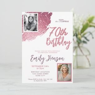 Pink Glitter 2 Photo Surprise 70th Birthday Invitation