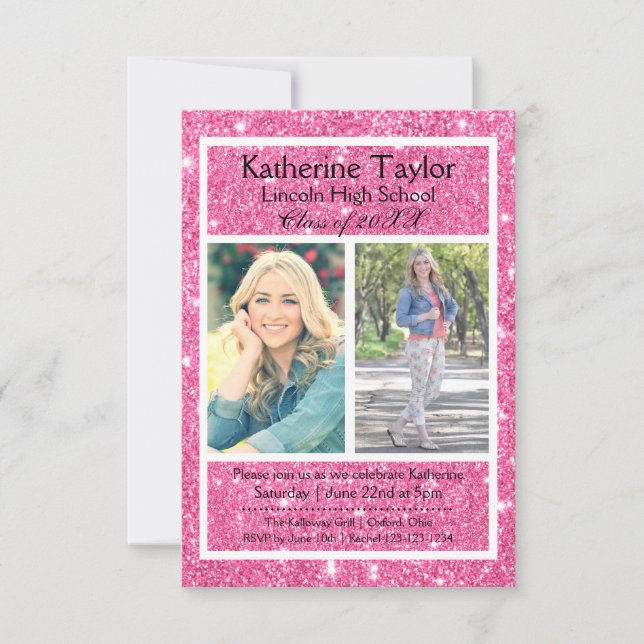 Pink Glitter 2 Photos -3x5 Graduation Announcement (Front)