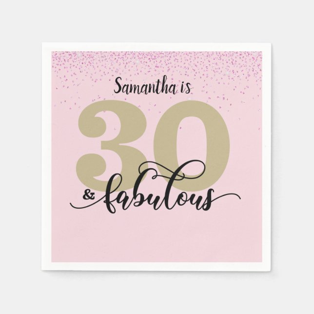 Pink Glitter 30 and Fabulous Birthday Party Napkin (Front)