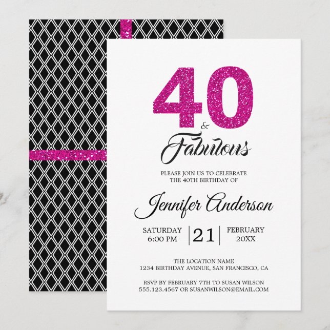 Pink Glitter 40 and Fabulous | 40th Birthday Party Invitation (Front/Back)