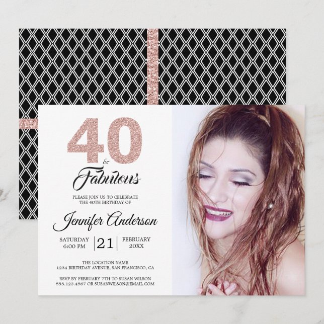 Pink Glitter 40 and Fabulous 40th Birthday Photo Invitation (Front/Back)