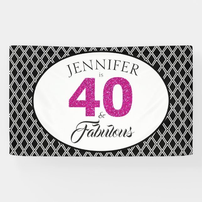 Pink Glitter 40 and Fabulous Custom 40th Birthday Banner (Horizontal)