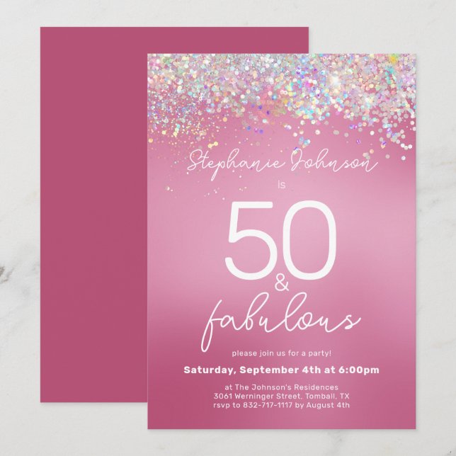 Pink Glitter 50 and Fabulous 50th Birthday Party Invitation (Front/Back)