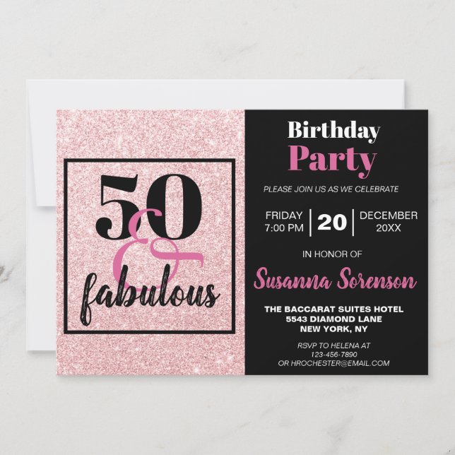 Pink Glitter 50 & Fabulous Birthday Party Invitation (Front)