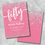 Pink Glitter 50th Birthday Invitation<br><div class="desc">Introducing a sassy and stylish 50th birthday party invitation, perfect for celebrating this milestone with flair. The vibrant design features a bright pink background with silver glitter confetti, adding a touch of sparkle and festivity. At the top, "Fifty" is prominently displayed in bold calligraphy, setting the tone for an unforgettable...</div>