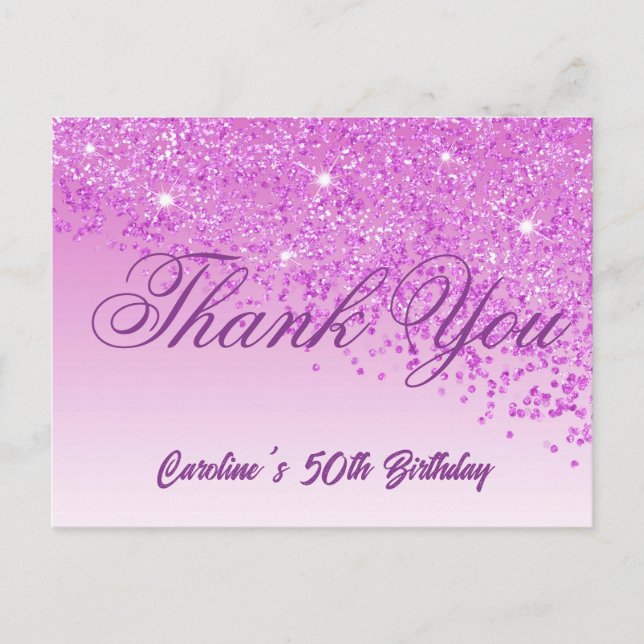 Pink Glitter, 50th Birthday Thank You Postcard (Front)