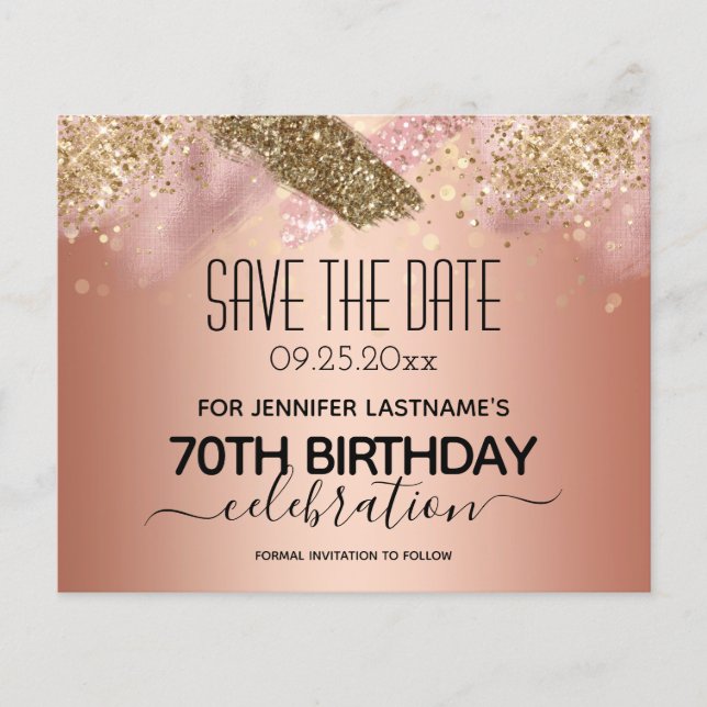 Pink Glitter 70th Birthday Save the Date Budget (Front)
