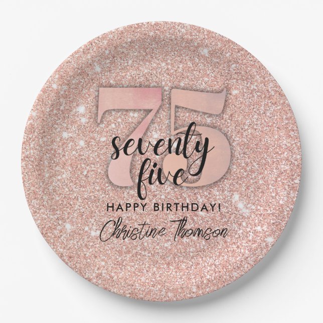 Pink Glitter`75th Birthday Paper Plates (Front)