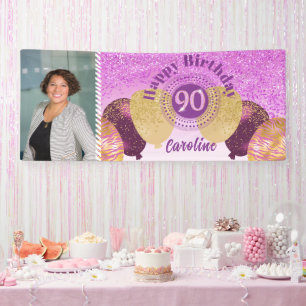 Pink Glitter 90th Birthday & Balloons Banner