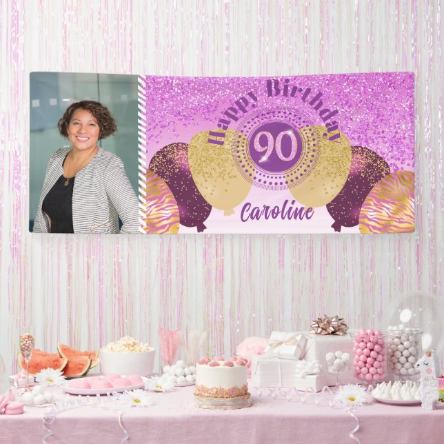 Pink Glitter 90th Birthday & Balloons  Banner (Party)