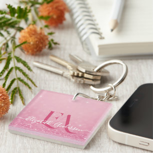 Pink Glitter Acrylic Keychain with Custom Initials