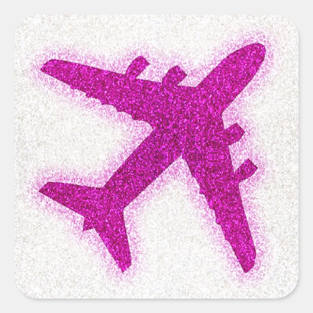 Pink glitter aeroplane round sticker labels (Front)