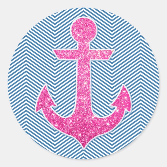 Pink glitter anchor blue chevron classic round sticker (Front)