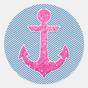 Pink glitter anchor blue chevron classic round sticker