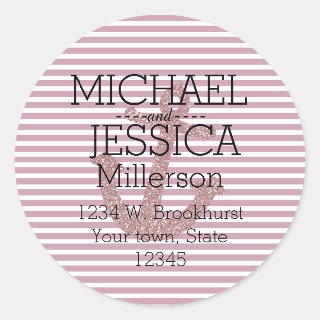Pink Glitter Anchor Stripes Personalised address Classic Round Sticker (Front)