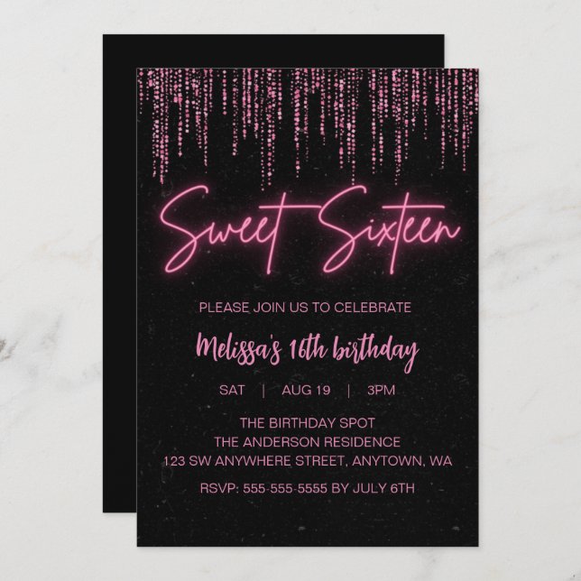 Pink Glitter and Black Sweet 16 Birthday Invitation (Front/Back)