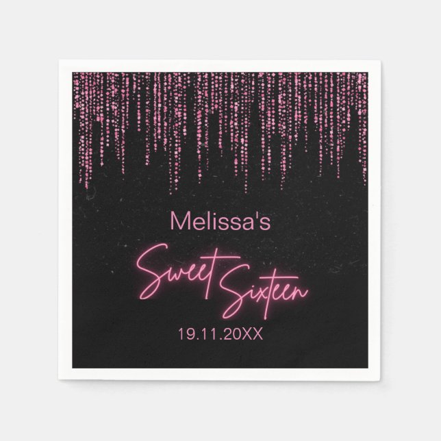 Pink Glitter and Black Sweet 16 Birthday Napkin (Front)